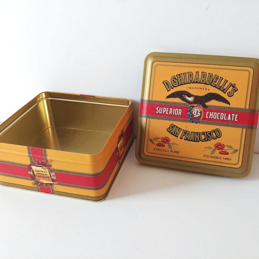 Vintage Ghirardelli's Chocolate Tin Square Gold Green Red 1993